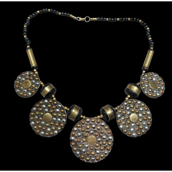 Vintage Brutalist Metallic Bead And Medallion Statement Necklace - Picture 1 of 5